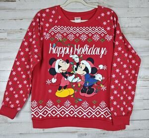 Disney Mickey Minnie Light Up Christmas Sweater Juniors L 11-13 Happy Holidays